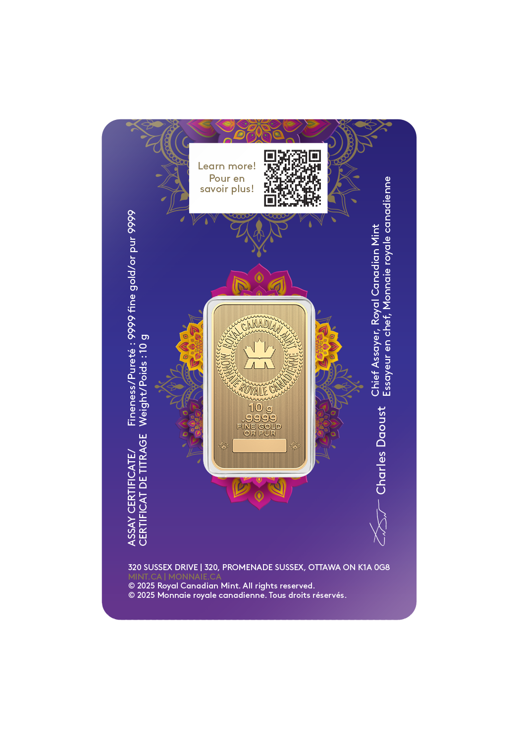 10g Gold Bar Royal Canadian Mint Diwali